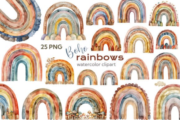 Download Boho Watercolor Rainbow Clipart Bundle - Boho Collection