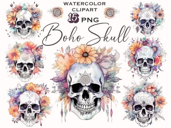 Download Watercolor Floral Boho Skull Clipart - Boho Collection