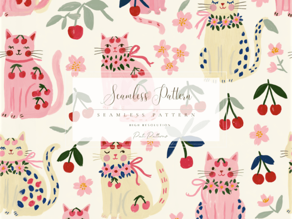 Download Cute Cherry Cat Seamless Pattern PNG for Kids - Png Collection