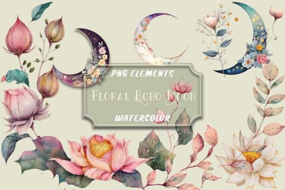 Download Watercolor Floral Boho Moon Clip Art Png - Boho Collection