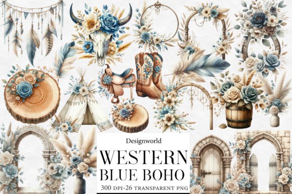 Download Watercolor Blue Western Boho Clipart - Boho Collection
