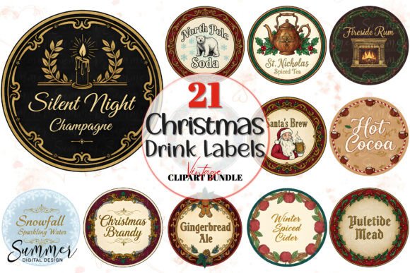 Download Vintage Christmas Round Drink Labels PNG - Png Collection