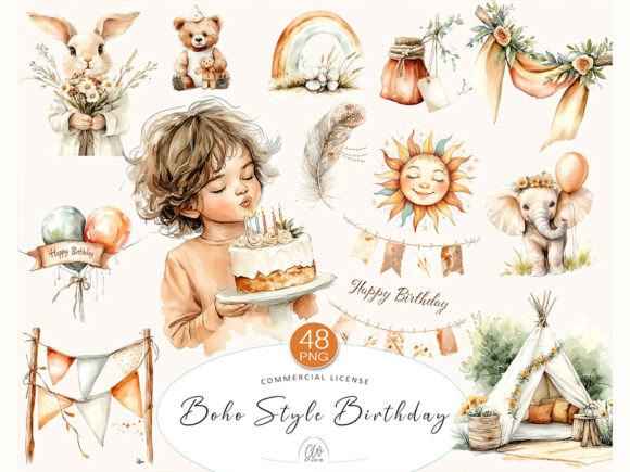 Download 48 Boho Birthday Clipart PNG Set - Boho Collection